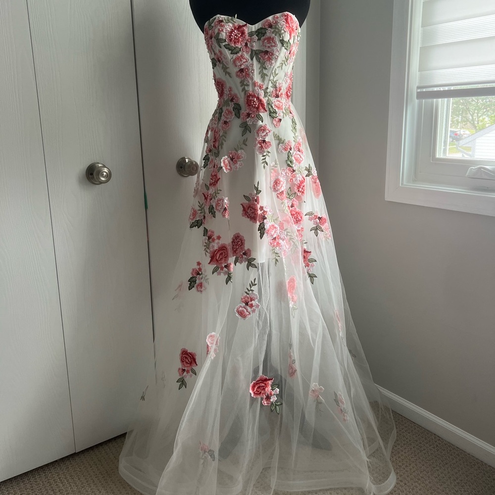 Gorgeous long sheer with flower embroidery girls dress.